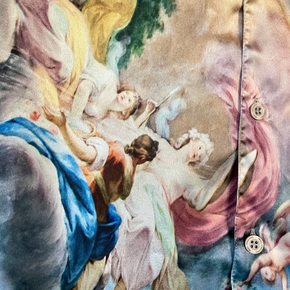 NWT REBEL VENGEANCE Wearable Art ITALIAN Boticelli and LOGO Print Satin SHIRT M - Picture 14 of 16